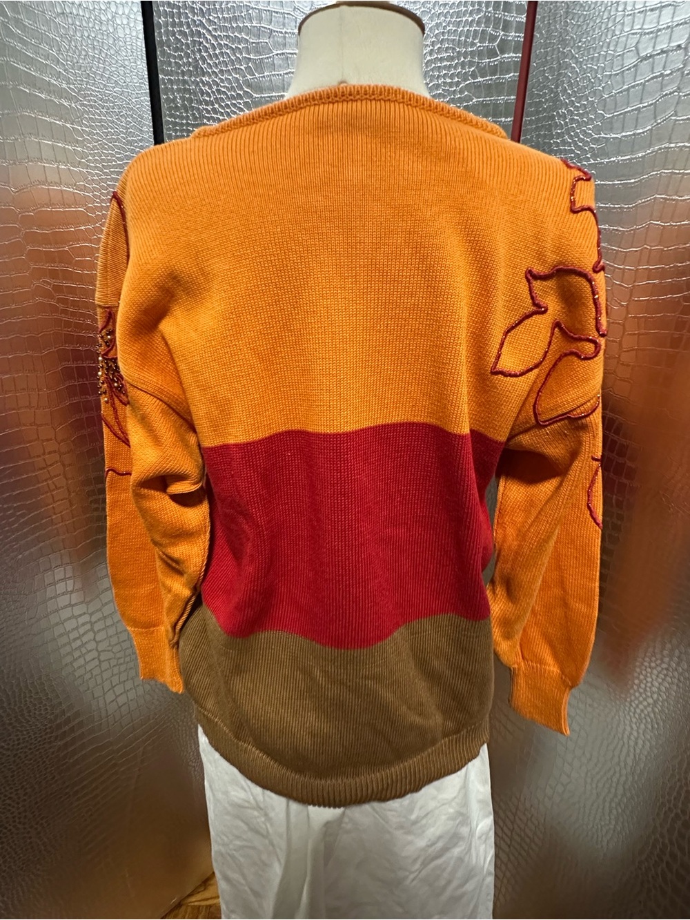 Escada Vintage Orange, Red & Brown Floral Embroidered Beaded Crewneck Sweater - Picture 2 of 12